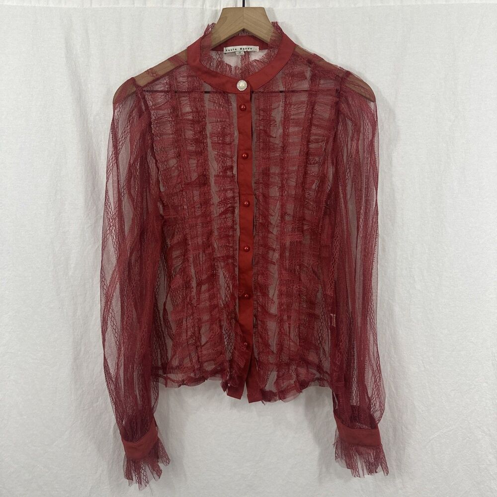 Haute Monde Victorian Coquette Red Sheer Lace Feminine Romantic Button Top Sz M